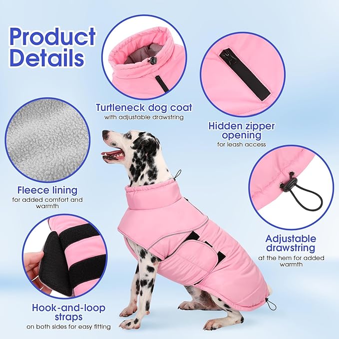 ASENKU Extra Warm Dog Coat - Winter Jacket with Fleece, Reflective, Adjustable, Zippered Leash Hole for Large Dogs, Turtleneck (Pink, 3XL)