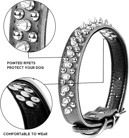 Adjustable Genuine Leather Spiked Studded Dog Collars for Small Medium Large Pets Like Pit Bull Bulldog Pugs Husky (S, White2)