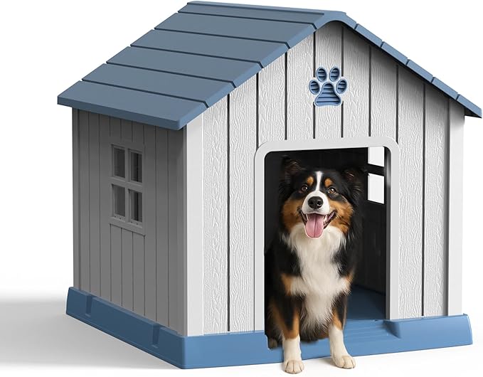 Vixzen 32in Large Outdoor Dog House,Durable Water Resistant Resin Dog House,Doghouse for Small to Large Dogs Indoor or Outside,with Air Vent and Elevated Floor,Blue