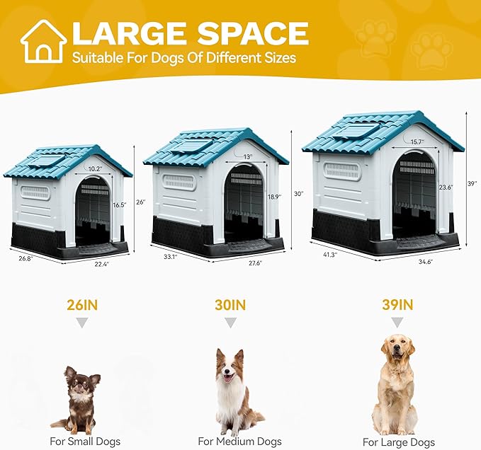 DWVO 33.1'' Plastic Foldable Dog House for Small and Medium Dogs, Waterproof Folding Pet House with Adjustable Top Window and Elevated Base (33.1''L x 27.6''W x 30''H)