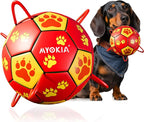 Size 2 Dog Soccer Ball with Straps Durable Training Ball for Pets Interactive Outdoor Dog Toy, Red & Yellow, Paw Prints Design, for Small to Medium Puppies, Pet Supplies