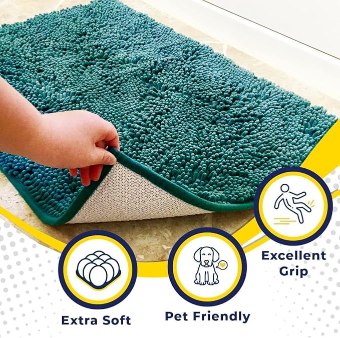 Muddy Mat® AS-SEEN-ON-TV Highly Absorbent Microfiber Door Mat and Pet Rug, Non Slip Thick Washable Area and Bath Mat Soft Chenille for Kitchen Bathroom Bedroom Indoor and Outdoor - Teal 24" x 96"