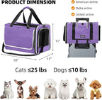 Top Open Medium Cat Carrier Roll Up Flap, Delta Approved TSA Pet Travel Crate Suitcase Luggage Sleeve, Soft-Sided Dog Kennel Bag 18"x11"x11" United, American Airline Under Plane Seat Purple