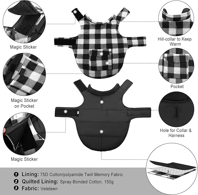 ASENKU Dog Winter Coat, Fleece Doggie Jacket Plaid Reversible Vest Waterproof Windproof Cold Weather Clothes for Small Medium Large Dogs (XS, White)