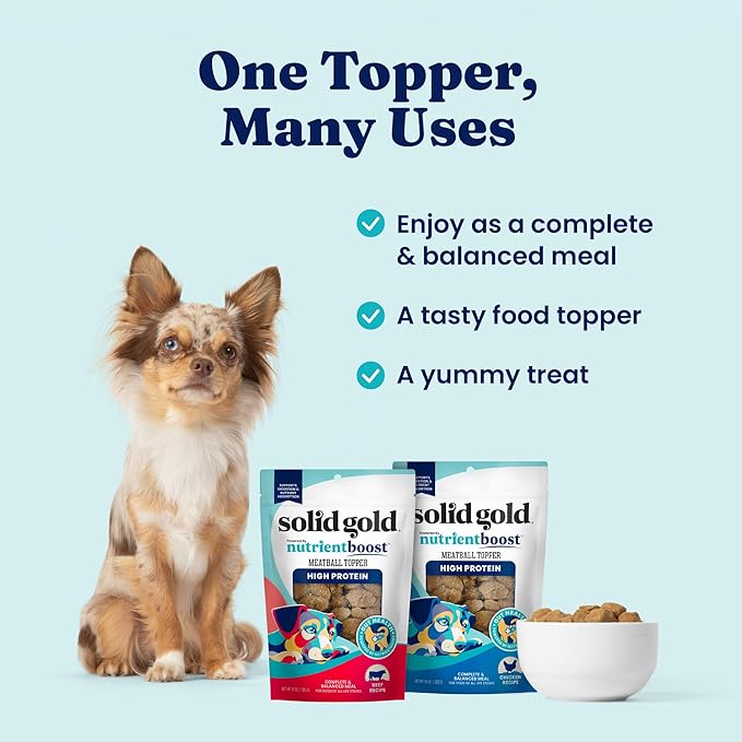 Solid Gold Meatball Dog Food Toppers for Dry Food- High Protein Beef Meatball Topper for Dogs - Complete Meal, Meal Mix in or Soft Dog Treats - Supports Gut Health - 3 Pack *Refrigerate After Opening*