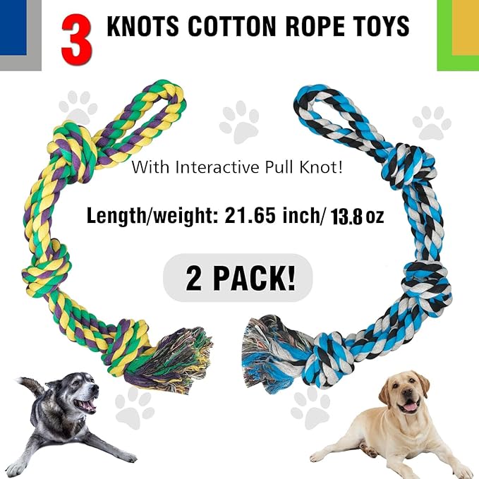 2 Pack Dog Rope Toy for Large Breed Aggressive Chewers, Nearly Indestructible Chew Rope Tug of War Toy, Interactive Toy for Boredom, Teeth Cleaning (390g/each, 55cm)