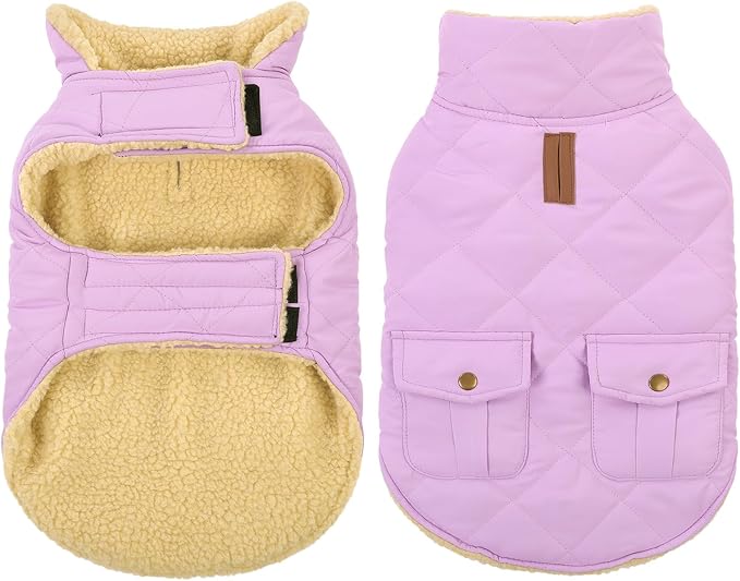Queenmore Warm Dog Coat, Cold Weather Puffer Dog Coat Vest, Quilting Winter Pet Jacket Ultra Thick Plush Fleece Lining Pet Clothes for Dogs with Storage Pockets (Lilac,X-Large)