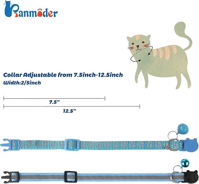 BANMODER 2 Pack Reflective Cat Collar Breakaway with Bell,Personalized Kitten Collars,Adjustable Safety Buckle Collar for Male Cats Girls & Boys (Sky Blue)
