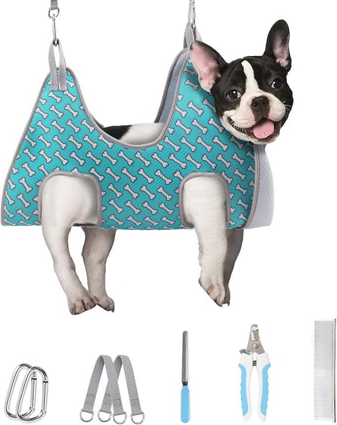 Supet Dog Grooming Hammock Harness for Dogs Cats, Relaxation Pet Nail Clipper Hammock, Restraint Dog & Medium Animal Leashes Sling for Groomingk for Nail Trimming (Coral Blue, M)