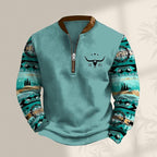 HOTYD Aztec Cowboy Jacket Men Vintage Bullhorn Printed Oversized Western Sweatshirt Long Sleeve Quarter Zip Pullover