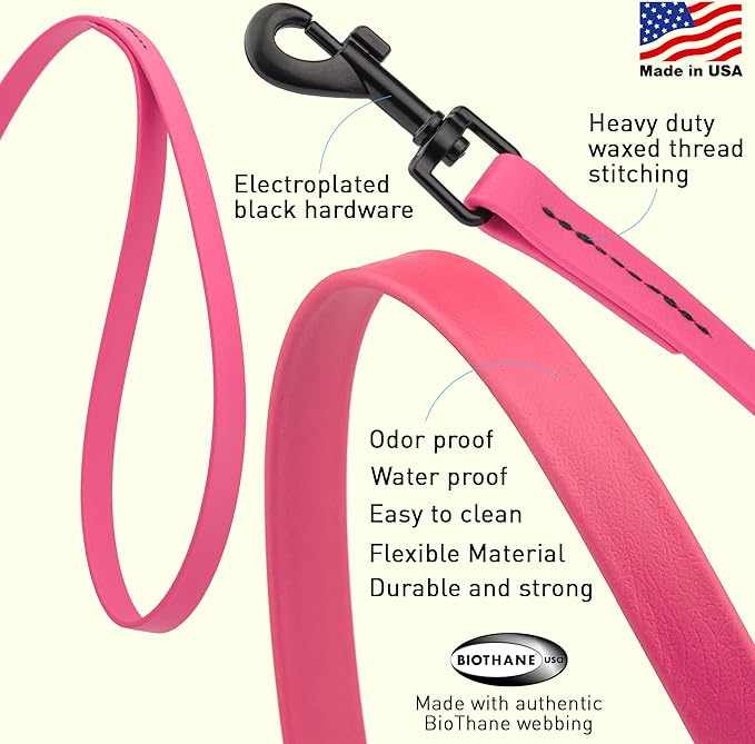 Dogline Biothane Waterproof Dog Leash 2/4/6 Ft Strong Coated Nylon Webbing with Black Hardware Odor-Proof Easy to Clean High Performance for Small or Large Dogs Made in USA, Passionfruit Pink