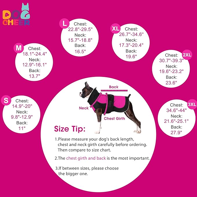 Dogcheer Waterproof Dog Coat, Christmas Dog Winter Jacket, Adjustable Puppy Fleece Coat for Cold Weather, Reflective Turtleneck Snow Jacket for Small Medium Large Dogs - Pink, L