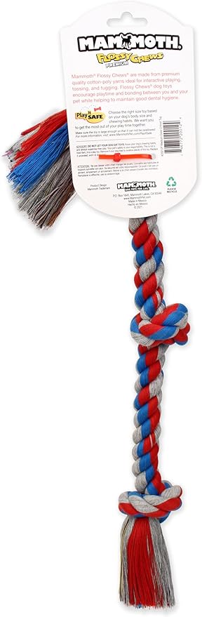 Mammoth Flossy Chews Color 3 Knot Rope Tug – Premium Cotton-Poly Rope Tug Toy for Dogs – Interactive Rope Dog Toy 20" - 2 Pack Assorted Colors