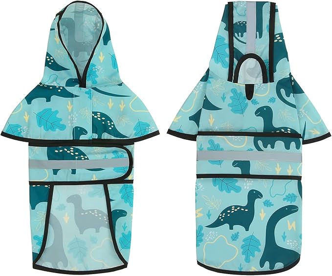 HDE Dog Raincoat Jacket Reflective Adjustable Hooded Pet Poncho Rain Coat with Leash Hole for Small to X-Large Dogs Dinosaurs - XL