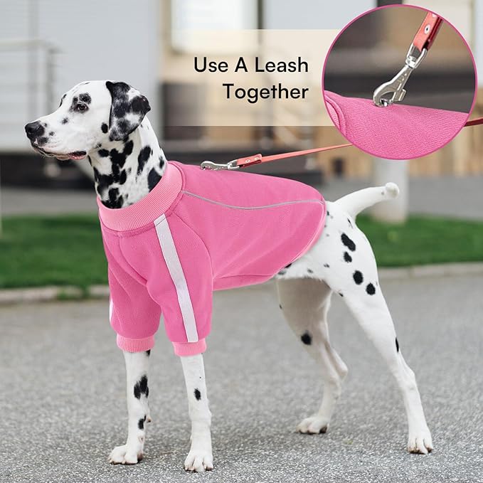 Queenmore Fleece Dog Sweater for Girl Dogs, Pullover Pink Dog Sweatshirt Sweatshirt with Leash Hole, Reflective Stripes – Cozy Winter Fleece Jacket for Small/Medium/Large Femal Puppy S