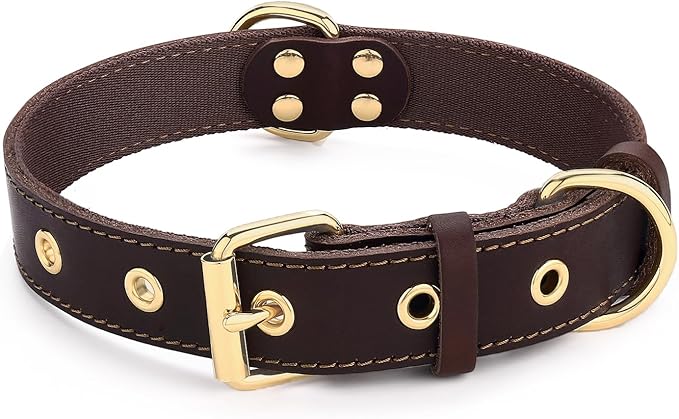 Dog Collar, Leather Dog Collar with Adjustable Sturdy Metal Buckle,Heavy Duty Dog Collar for Walking, Hiking, Training, Hunting (Brown,XS:13.4"-15.8" Neck)
