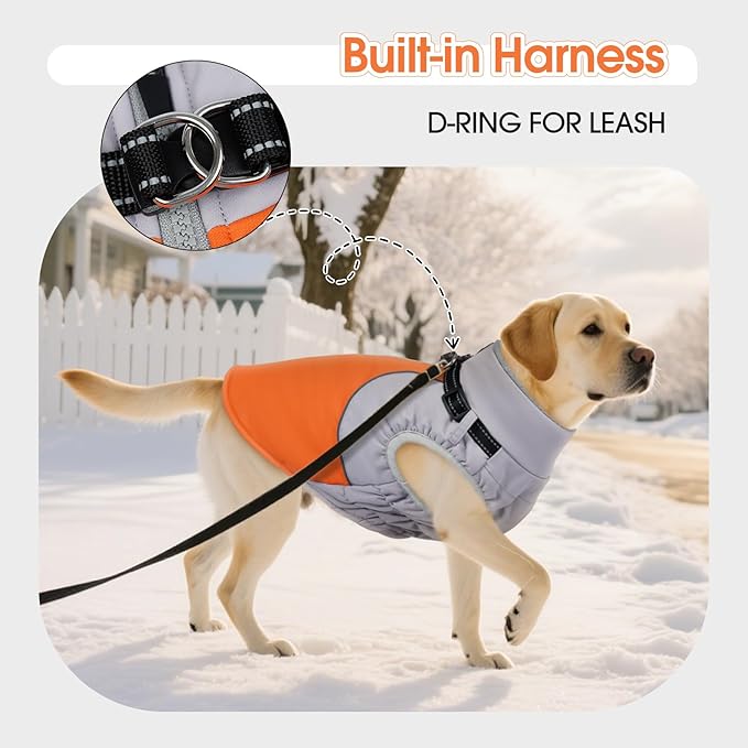 DENTRUN Dog Coat with Harness Built in, Extra Large Water-Repellent Dog Jacket, Turtleneck Windproof Reflective Strips for Great Dane, Orange, XXXL
