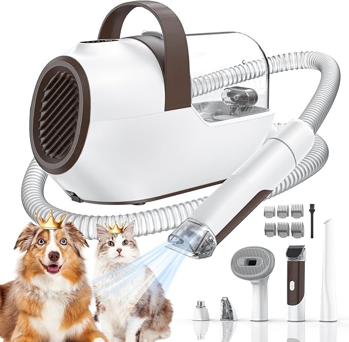 Dog Grooming Vacuum, Dog Grooming Kit with Pet Clipper Nail Grinder, 3 Suction Modes Dog Brush Vacuum with 6 Pet Grooming Tools (Brown)