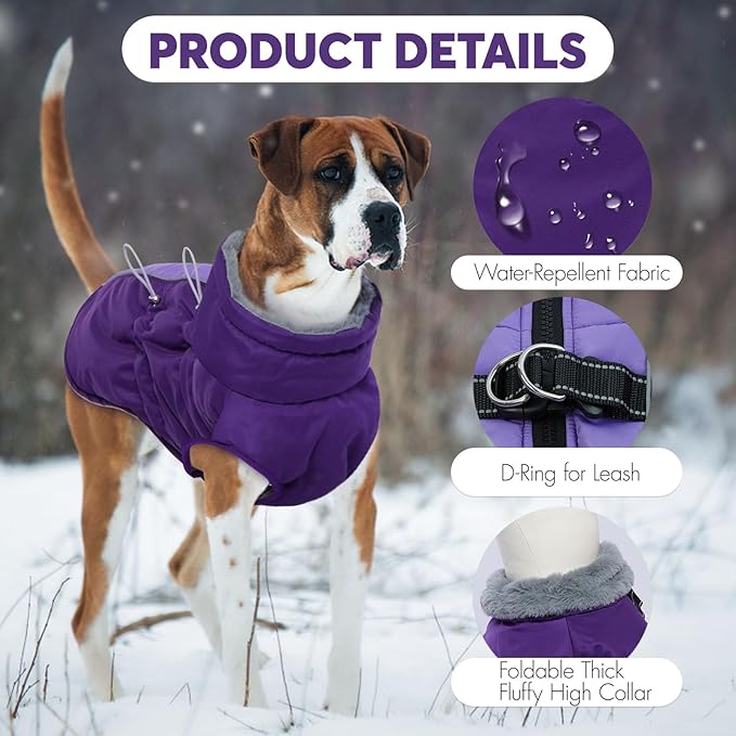 IDOMIK Warm Dog Coat with Harness, Waterproof Reflective Dog Jackets for Small Medium Large Dogs, Fleece High Collar Winter Jacket with Zipper, Pet Winter Snowsuit Clothes for Cold Weather,Purple 2XL