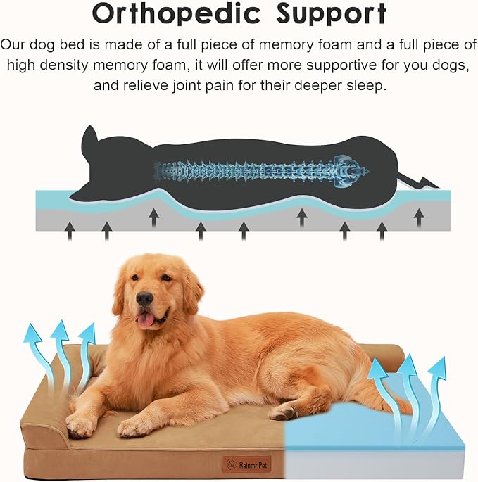 Orthopedic Dog Beds Large Sized Dog, Memory Foam Pet Bed for Medium and Large Dogs, Removable and Washable Microsuede Cover, TPU Waterproof Liner, Nonskid Bottom, 44x32x6 Inches, Khaki