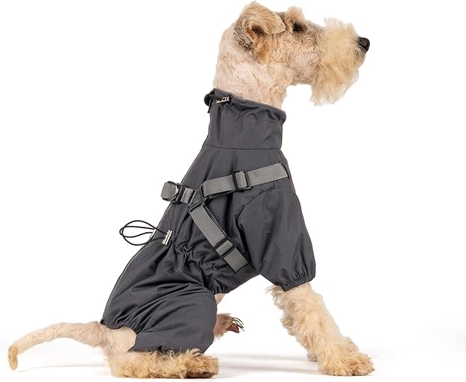 Mile High Life Waterproof Dog Raincoat, Full Coverage Small Dog Rain Coat with Harness, Adjustable 4 Legs Puppy Rain Jacket with Reflective Strip and Elastic Cuffs (Gray, S Back Length 13")