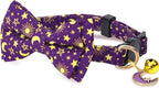 2 Pack Cotton Cat Collar with Bow Tie and Bell for Girl Boy Cats,Cute Purple Moon and Blue Cloud Pattern Spring Summer Breakaway Cat Collar for Male Female Cats(Moon&Cloud)