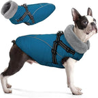 Queenmore Dog Jackets for Large Dogs, Dog Coat with Harness Built in,Waterproof Dogs Coats with Zipper On Back,Warm Fleece Lining Cold Weather Pet Coats with Furry Collar for Labrador,Blue,XL