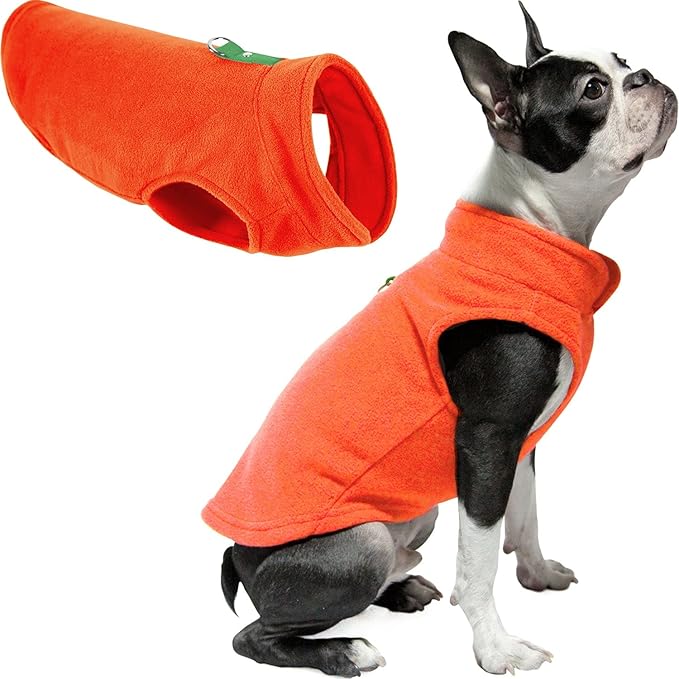 Gooby Fleece Vest Dog Sweater - Pumpkin, Small - Warm Pullover Fleece Dog Jacket with O-Ring Leash for Small to Medium Dogs