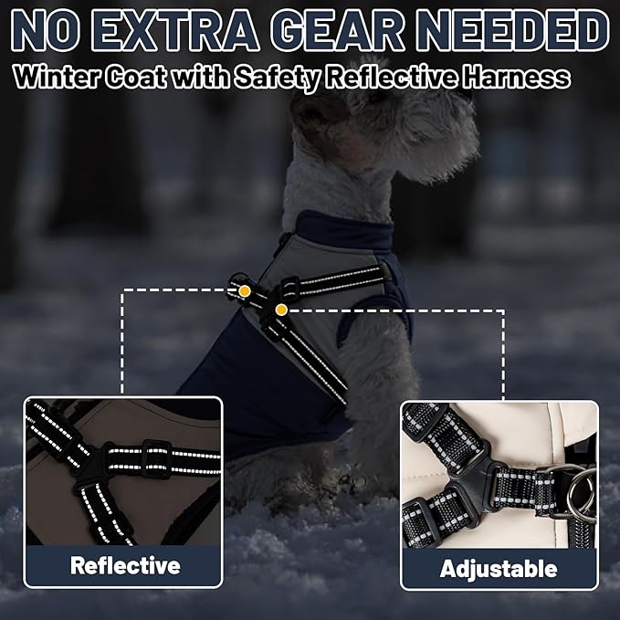 Dog Winter Coat for Small & Medium Dogs (Up to 31lb), Waterproof Dog Coat with Harness, Puppies Windproof Puppy Puffer Jacket, Snowsuit for Dachshund,Frenchie, Corgi (Classic Blue, Small)