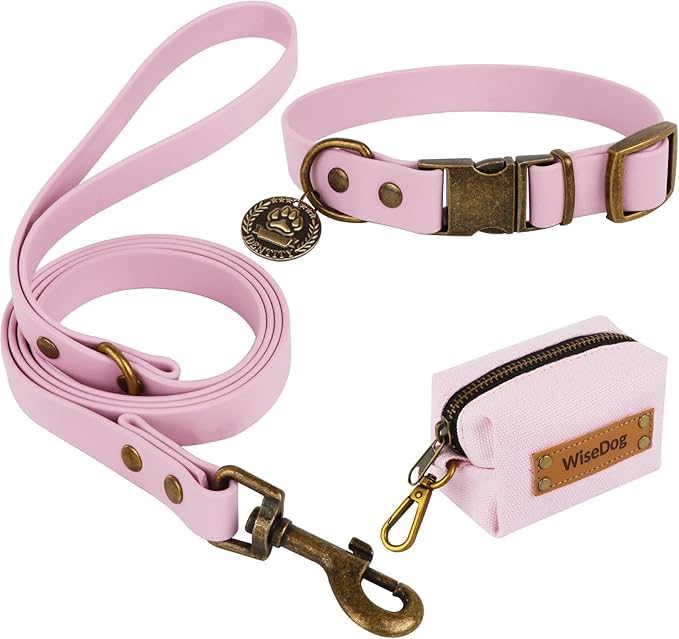 Wisedog Dog Collar and Leash Set, Waterproof Adjustable Puppy Collars with Cute Tag 6FT Dog Leash with Poop Bag for Small Medium Large Dogs (S, Pale Pinkish Purple)