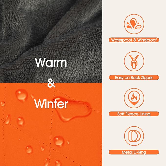 Dog Coat with Harness Built in -Orange,3XL- Fleece Lined Dog Snow Jacket Snowsuit，Adjustable Reflective Winter Warm Cold Weather Coat