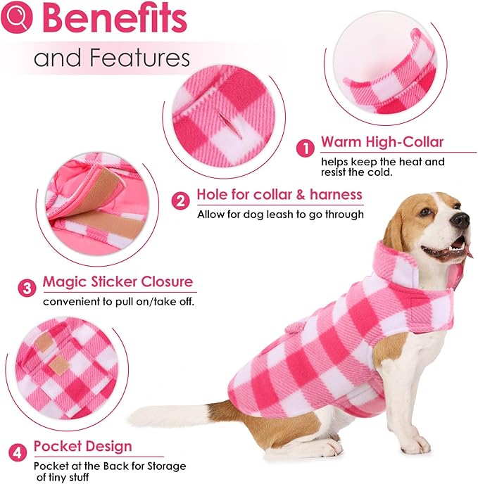 AOFITEE Dog Coat Plaid Dog Winter Coat for Large Dogs, Warm Dogs Jacket Christmas Sweater, Waterproof Pet Puffer Jacket, Reversible Pet Cold Weather Coats for Small Medium Large Pets, Pink XXL