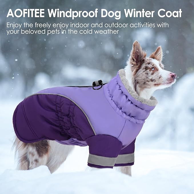 AOFITEE Dog Coat - Two Legged Medium Dog Winter Jacket - Zip Up Dogs Cold Weather Coat with Harness, Warm Pet Puffer Jackets Reflective Pet Snow Coats for Pug, Jack Russell, Boston Terrier, Purple M