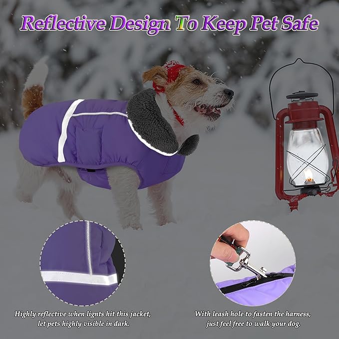 Dogcheer Warm Dog Coat, Waterproof Dog Jacket Christmas Puppy Winter Coat with Buckle, Reflective Adjustable Pet Snow Jacket Fleece Sweater for Small Medium Large Dogs - Taro Purple S