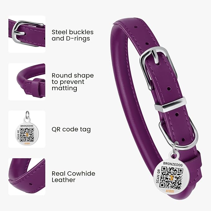 BRONZEDOG Rolled Leather Dog Collar for Small Medium Large Dogs with QR ID Tag… (Plum, XS: 9-11 Inch)