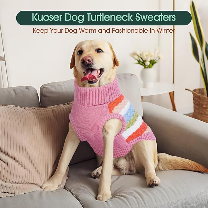 Kuoser Dog Sweater, Pet Cable Knitted Pullover Puppy Warm Clothes, Dog Turtleneck Classic Knitwear Soft Thickening Outfit, Cold Weather Xmas Thermal Wear for Large Size Dogs, Pink 3XL