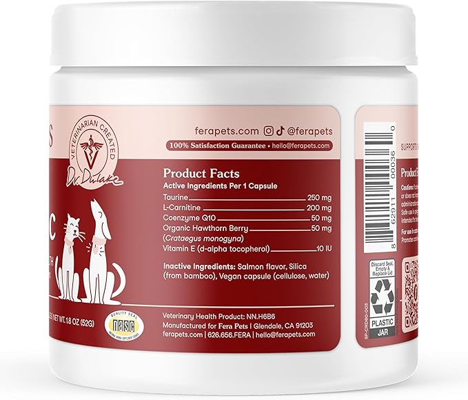 Fera Pets Cardiac Support - Cat & Dog Heart Supplement with Taurine, L-Carnitine, & CoQ10 - Promotes Normal Circulation and Heartbeat - 60 Capsules