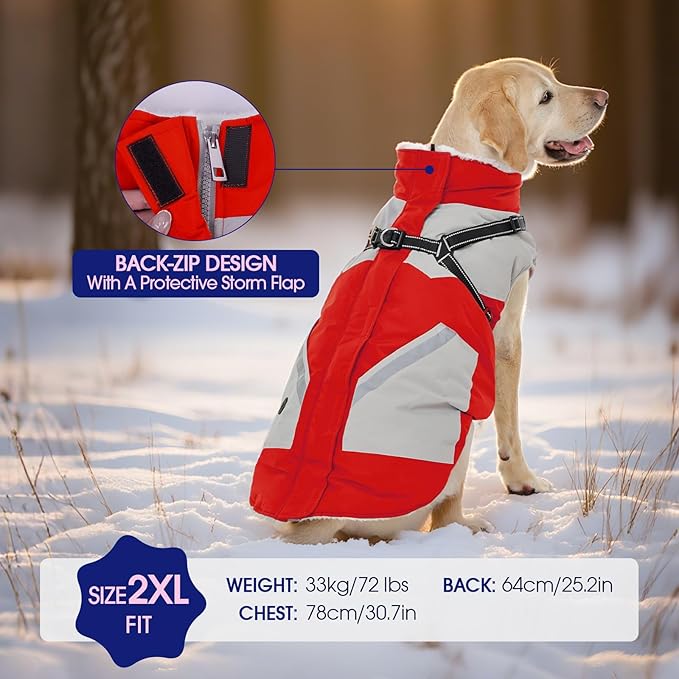 FUAMEY Dog Winter Jackets for Large Dogs,Dog Coat with Harness Built in,Waterproof Dogs Snowsuits Warm Pet Jacket Zip Up Fleece Cold Weather Coats Reflective Puppy Vest with Pocket Red 2XL