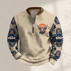 HOTYD Aztec Cowboy Jacket Men Vintage Bullhorn Printed Oversized Western Sweatshirt Long Sleeve Quarter Zip Pullover