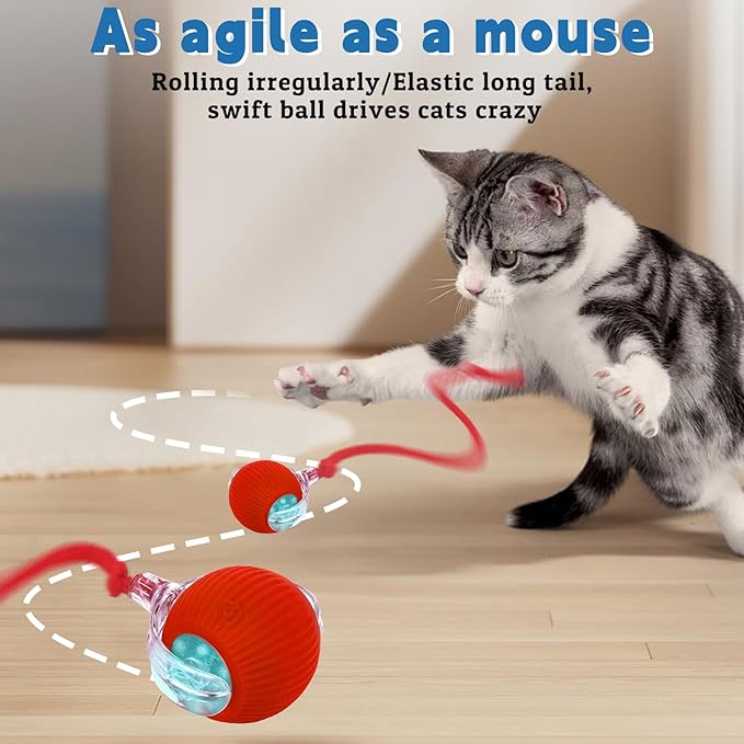 Interactive cat Toys for Indoor Cats, Speedy Tail 3.0 Cat Toy, Motion Activate cat Toy Ball，Automatic Toys for Bored Indoor Cats, Speedy Tail 2.0 Cat Toy, Rechargeabl(Red)
