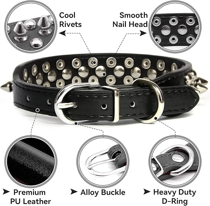 Spiked Dog Collar Soft Pu Leather Mushrooms Rivet Spike Studded Puppy Adjustable Pet Collars for Small Breeds (L, Green)