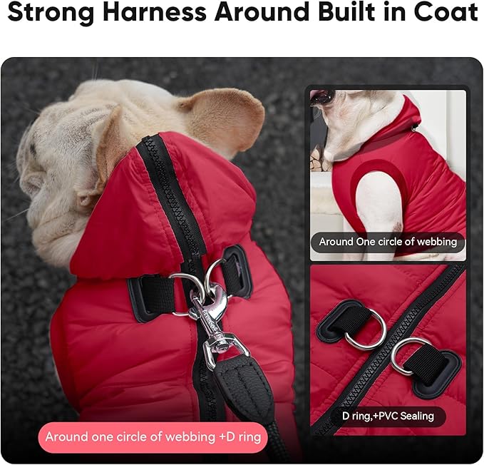 Fleece Lining Dog Hoodie with Harness Built in,Extra Warm Small Dog Jacket in Winter Puppy Coats with Hooded,Red XS