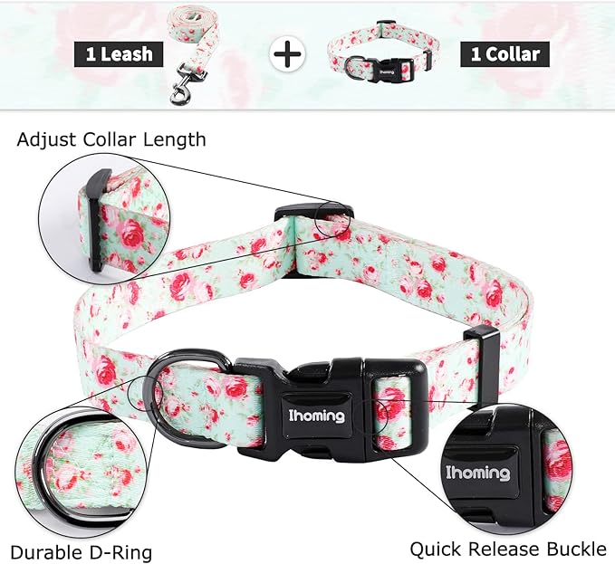 Ihoming Puppy Collar and Leash Set for Daily Outdoor Walking Running Training, Floral GreenLake Design for Extra Small Boys Girls Dogs Cats Pets, XS-Up to 10LBS