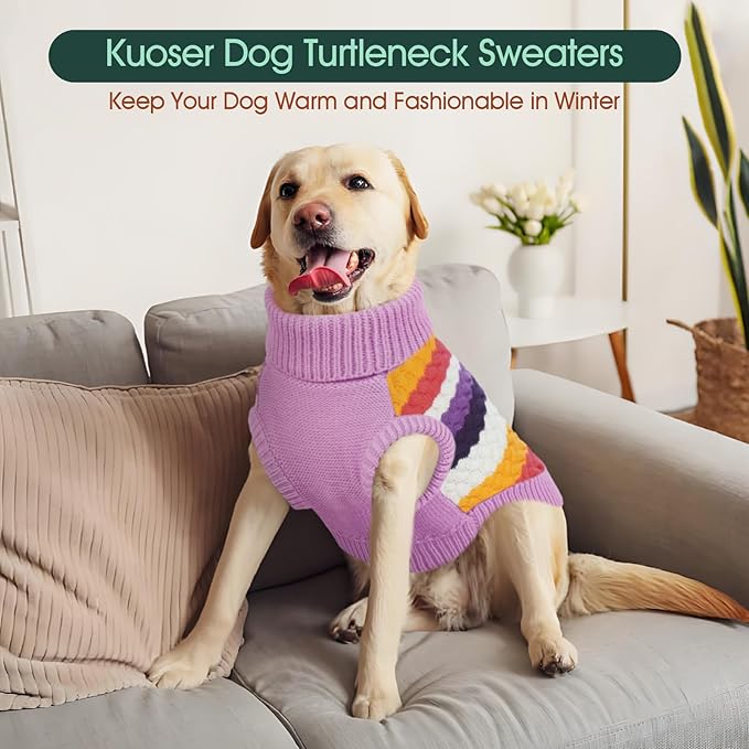 Kuoser Dog Sweater, XL Dog Sweaters for Large Dogs Pet Cable Knitted Pullover Warm Clothes, Turtleneck Classic Knitwear Soft Thick Puppy Xmas Holiday Outfit Cold Weather Thermal Wear, Purple XL