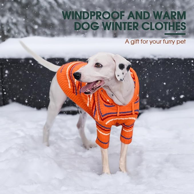 Kuoser Dog Sweater, Dog Sweaters for Large Dogs, Thanksgiving Christmas Large Size Dogs Pullover Sweater, Boy Girl Pet Cable Knitted Sweatshirt, Warm Hood Winter Clothes for Cold Weather, Orange L