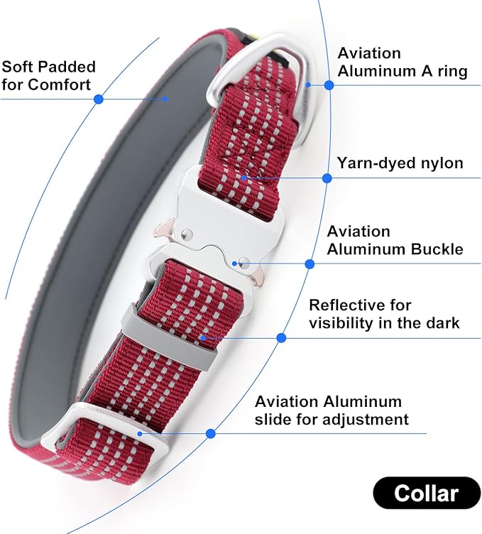 Plutus Pet Reflective Dog Collar with Aviation Aluminum Buckle, Neoprene Padded for Comfort, Lightweight, Heavy Duty Nylon Collar for Puppy Small Medium Large Dogs (Burgundy Red, M)