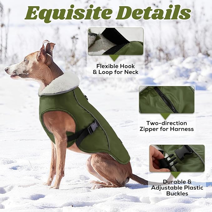 EMUST Dog Cold Weather Coats, Fleece Lining Small/Medium/Large Dog Jacket for Winter, Warm Waterproof Pet Winter Clothes for Large Dogs, Green, XL