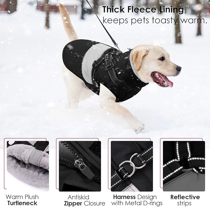 AOFITEE Dog Coat Warm Dog Winter Coat, Waterproof Dogs Jacket with Harness, Dogs Snow Jacket Snowsuit with Zipper & Furry Collar, Reflective Windproof Pet Sweater for Cold Weather, French Bulldog, L