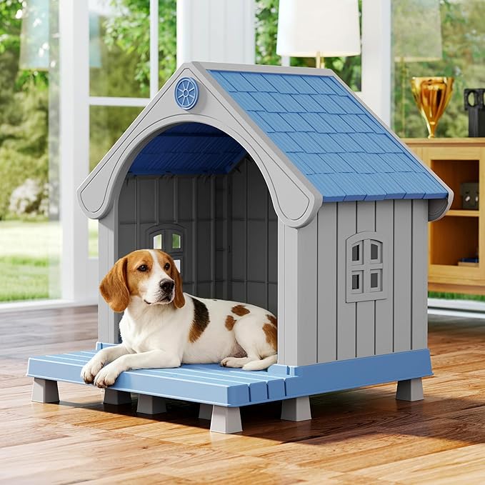 Dog House Outdoor Indoor, Weatherproof Insulated Dog House with Elevated Floor and Air Vents for Small to Medium Dogs,Easy Clean and Assemble (Blue1, 32.95" L×31.5" W×37.88" H)