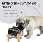 SPUNKYJUNKY 15° Slanted Ceramic Dog and Cat Bowl with Wooden Stand, Tilted Bulldog Food and Water Bowl No Slip Non-Spill for Cats Medium Dogs Big Face Pets 28.7 OZ (3.6 Cups, Starry Blue × 2)